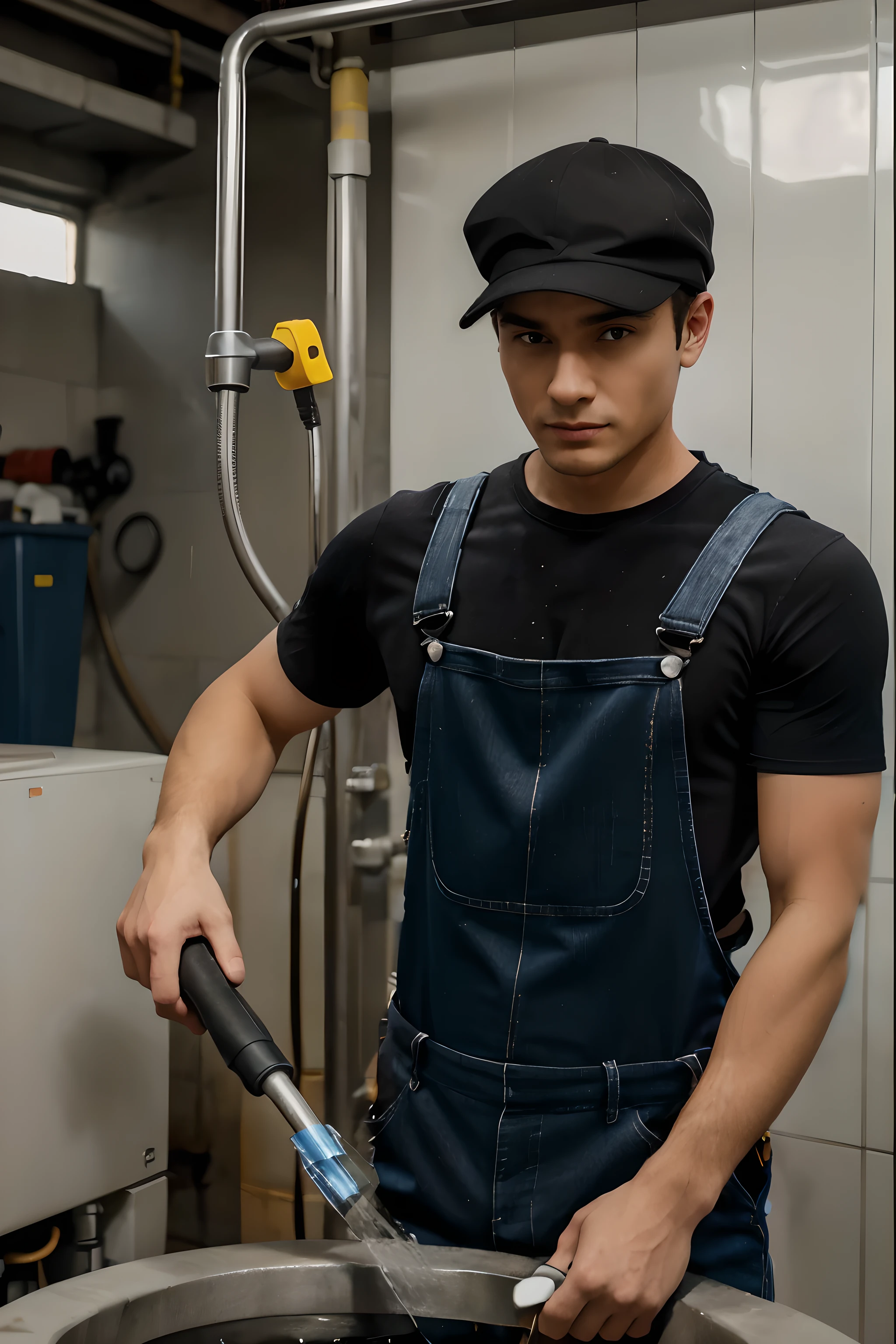 man in worker uniform , half body , holding karcher washer , wearing black cap , ((wearing overalls)) , ((holding glass wiper))