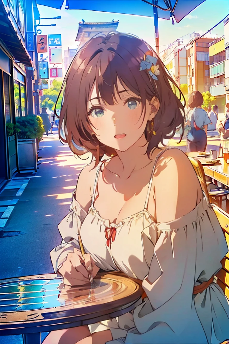 (Highest quality:1.4、masterpiece:1.4、Super detailed:1.4、Ultra-high resolution:1.4、8K:1.4)、F cup bust、Big Breasts、Slim body、((((1 person、Surprised expression、sit、Chair、In the background are the urban buildings of Tokyo、looking at the camera、Outdoor café terrace、coastal、juice、Shooting up close、Shooting from an angle、table、Very cute face))))、(Pose with hands tucked behind ears:1.4、Cheek resting on hand:1.4）、((nude、very beautiful areola、Off-shoulder camisole))、Nipples、Very blue sky、A completely cloudless sky