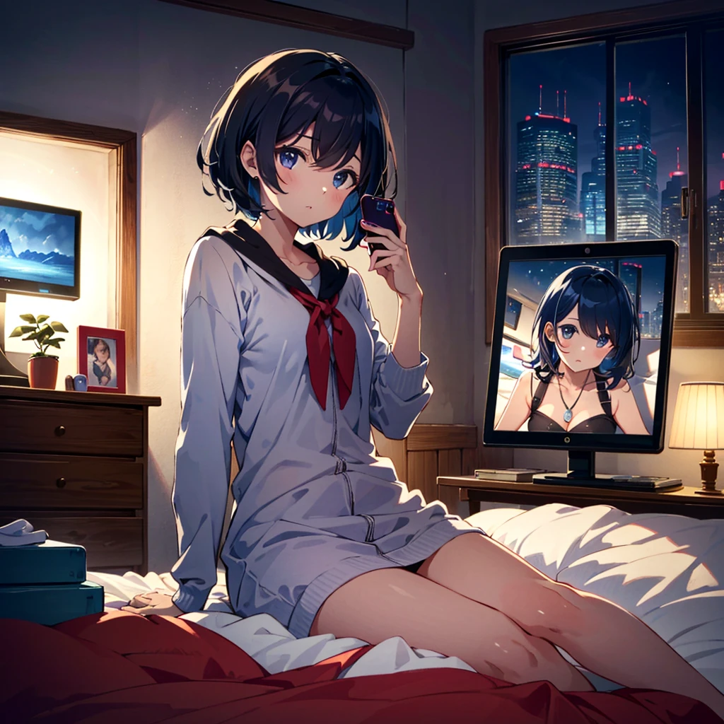Masterpiece, highest quality, high resolution background, bright and beautiful atmosphere, 3 girls (2 , 1 short-tempered round face), 1 (hair, surface effects), small breasts, on the bed in my room, A girl sitting on the bed, a girl holding a smartphone in one hand and looking at the monitor, a dating magazine placed on the bed, "deltamon_sdXL :0.73) >Deltamon