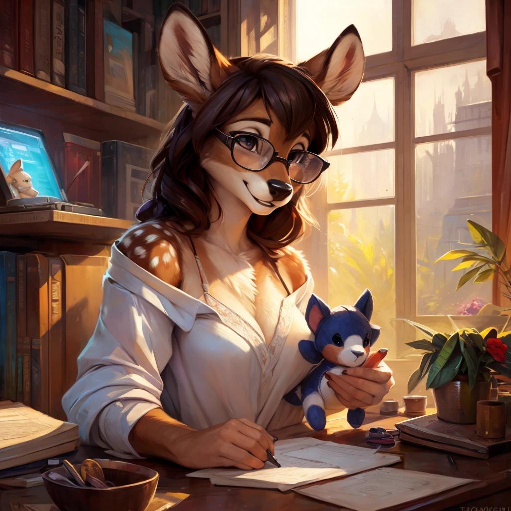 uploaded on e621, by Pixelsketcher, by Bayard Wu, by Thomas Benjamin Kennington , by Einshelm, by hioshiru and kenket, Chunie, portrait, solo anthro female deer doe, with small featureless breasts, clear dark blue, cinematic lighting, day, sunny day, Workspace, sitting at a desk, Workspace background, shiny, shoulder long curly dark brown hair, wears big black nerd glasses, very very beautiful furry art, furry art, smiling, joyful, shiny, happy, feminine, cute face, muzzle, fluffy chest, flawless face, Fallow deer, 1girl, Sakimichan is beautiful, Masterpiece, Wavethesallow Face, shiny, Detailed image, portrait, Detailed image, portrait, full body, wearing wide, long, white blouse, shiny, realistic face, perfect ???????, hourglass body, (furry body:1.1), anthropomorphic deer, small fluffy tail, detailed background, (cute anatomy:1.1), focused on work, sewing a plushie, working on a plushie, sewing, sewing mashine
