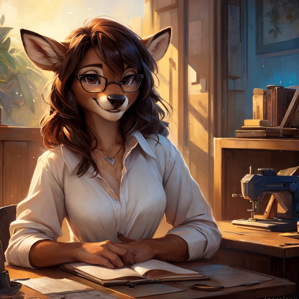 uploaded on e621, by Pixelsketcher, by Bayard Wu, by Thomas Benjamin Kennington , by Einshelm, by hioshiru and kenket, Chunie, portrait, solo anthro female deer doe, with small featureless breasts, clear dark blue, cinematic lighting, day, sunny day, Workspace, sitting at a desk, Workspace background, shiny, shoulder long curly dark brown hair, wears big black nerd glasses, very very beautiful furry art, furry art, smiling, joyful, shiny, happy, feminine, cute face, muzzle, fluffy chest, flawless face, Fallow deer, 1girl, Sakimichan is beautiful, Masterpiece, Wavethesallow Face, shiny, Detailed image, portrait, Detailed image, portrait, full body, wearing wide, long, white blouse, shiny, realistic face, perfect anatomy, hourglass body, (furry body:1.1), anthropomorphic deer, small fluffy tail, detailed background, (cute anatomy:1.1), focused on work, sewing a plushie, working on a plushie, sewing, sewing mashine