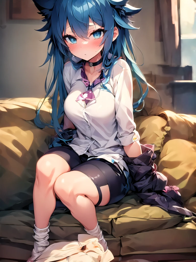 1girl, having cat ears, her hair is long, her hair color is black, she is wearing a black satin choker around the neck, she is dressed with black shorts, the shorts are highwaisted, she is dressed with a black lingerie, she wears soft stockings. Sitting on a couch. She is looking at the viewer. She is in the bedroom.