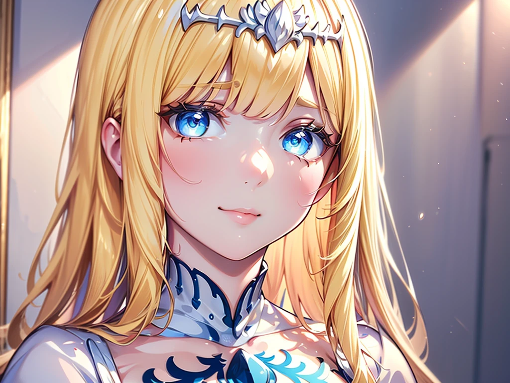 (best quality,4k,8k,highres,masterpiece:1.2),ultra-detailed,realistic,photorealistic:1.37,portraits,(lora:MorikuraEnStyle:1),beautiful detailed eyes,beautiful detailed lips,extremely detailed eyes and face,longeyelashes,medium:illustrations,serene,,peaceful background,feminine appearance,downcast eyes,smooth hair,gentle smile,candid portrait,soft lighting,clean lines,vibrant colors, 1girl,solo, calca, blonde hair, ,( extremely long hair), very long hair, extra long hair, white tiara, white dress, blue eyes,Calca Bessarez, medium breast,Calca, upper body, in luxurious room