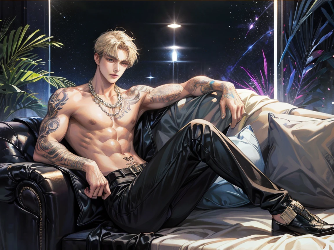 a young man, handsome, Good looking, Dark skin, have muscles,Big shape,Screenhead hair, Full body tattoo, Sit on a black sofa.