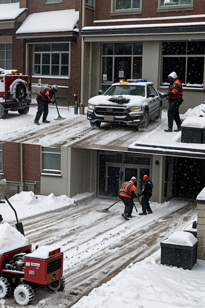 Show a scene of a group of masked robbers using shovels and snow blowers to clear a path on a snowy bank, while others are opening the bank vault with tools and explosives. The snow around them must be piled high, with swirling flakes falling from above. Police cars with flashing lights should be seen from a distance, approaching the scene.