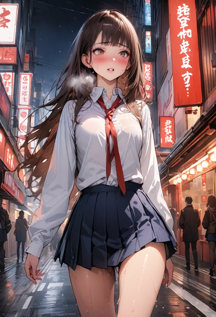 ((masterpiece,Highest quality:1.3,best quality illustration,realistic:1.3)),cowboy shot,solo,1woman,(18-year-old、Japanese Beauty)、brown hair,long hair,bangs,brown eyes,gorgeous eyes,((very small head:1.3)),blush,Heavy breathing,((very long body:1.2,skinny)),medium breasts,(Red ribbon tie、White collared shirt、Long sleeve navy blue pleated mini skirt),Wet crotch、sweat,gleaming skin,toned body,slender body,walk、on street,neon、shibuya,Tokyo、