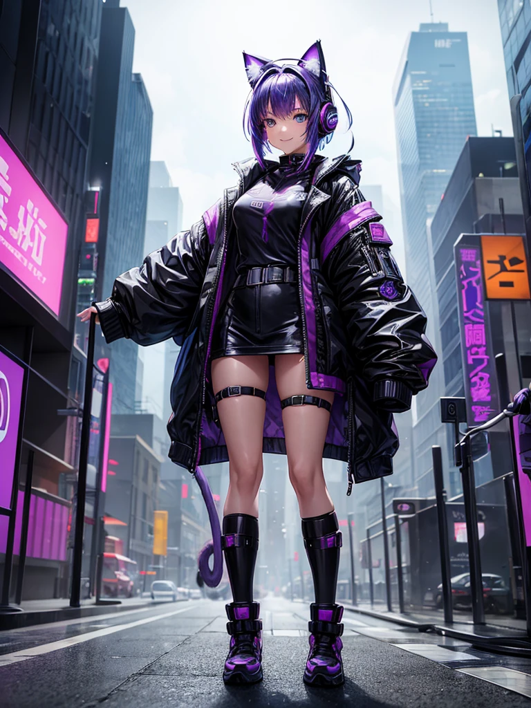 A cyberpunk-style girl of about 17 years old is standing in front of me.。Purple bob hair、Wearing cat ear headphones、Her black pilot suit-style outfit accentuates her figure.。With a proud smile、There is something cute about that expression, like a cat.。Her presence is overwhelming.、A background of the lights and shadows of a future city、She looks like the protagonist of a story.。The saturation is high、The screen is dark、Purple and blue are the main colors。