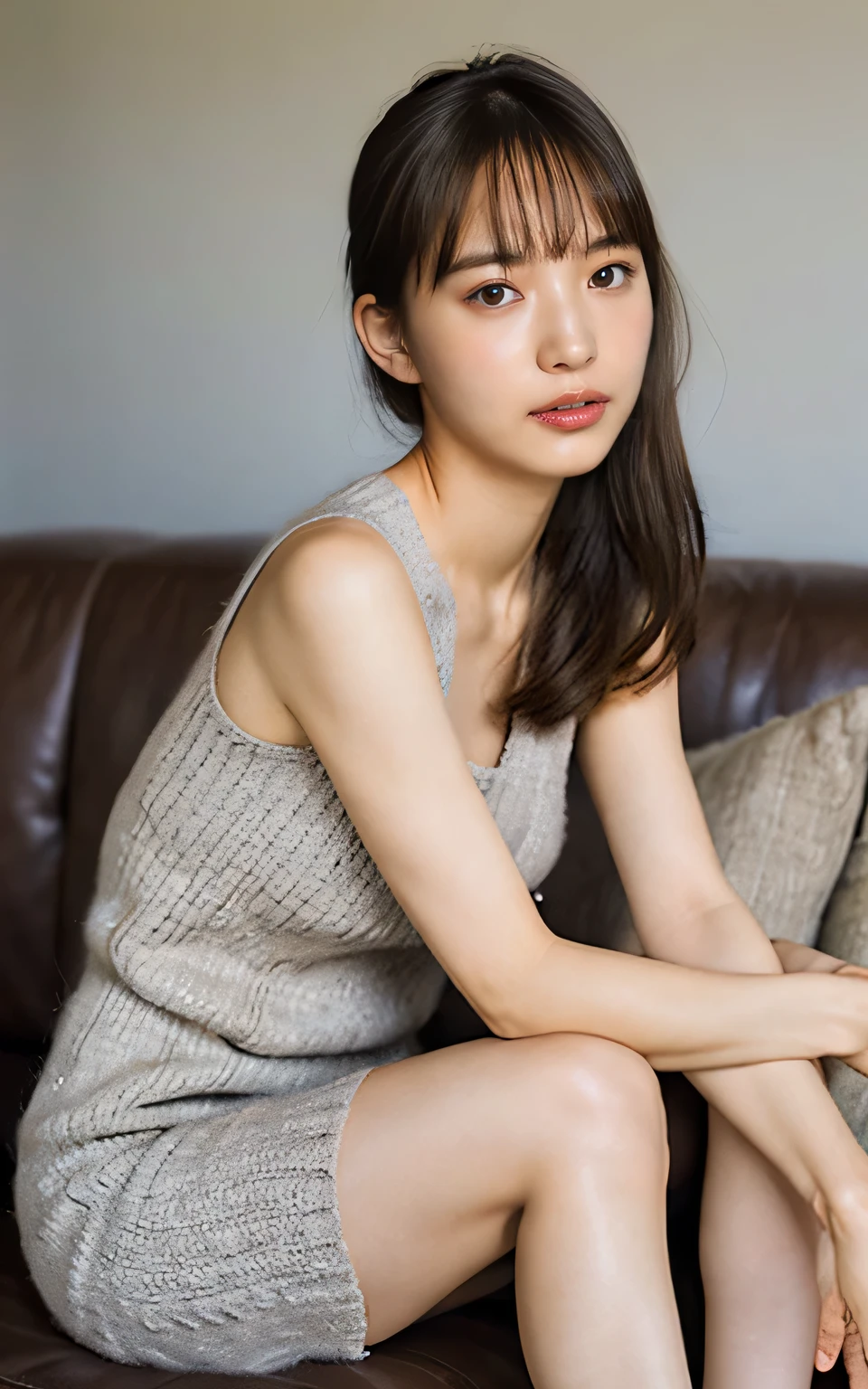 (Bold wear, thin, gray, Sleeveless knit dress:1.5), (very good, The shape of the nipples is visible,Beautiful thighs, Ultra-detailed skin,Small pores in the skin:1.5), ((She is sitting on the sofa with her legs stretched out, She leans forward、Press your chest against him, She presses her breasts against I, She presses her lips together to seduce me, Her face is&#39;It is very cute :1.3)), ((22 years old, Beautiful female college student, Sexy Body, I&#39;looking forward to it:1.4)), ((Small breasts, Flat Chest:1.2)), ((Luxury cabaret club in Ginza, Box seats, Complete darkness:1.4)), Eye focus, Narrow shoulders, Beautiful clavicle, length, Thin arms, Thin legs, The back of the hand is beautiful and feminine, Slim figure, Soft belly, Tight waist, Highly detailed face, super detailed breasts, Ultra-detailed skin, Fair skin, Shiny skin, Ultra-detailed lips, Fuller lips, Glossy pink lips, Blushed, White teeth, Beautiful actress makeup, Annuit Makeup, Pink lipstick, Dark brown hair, Delicate and soft hair, (Put your hair up, Fluffy short bob, ponytail:1.2), (Sweep your bangs to the side:1.2), (Stylish earrings,necklace:1.2),
