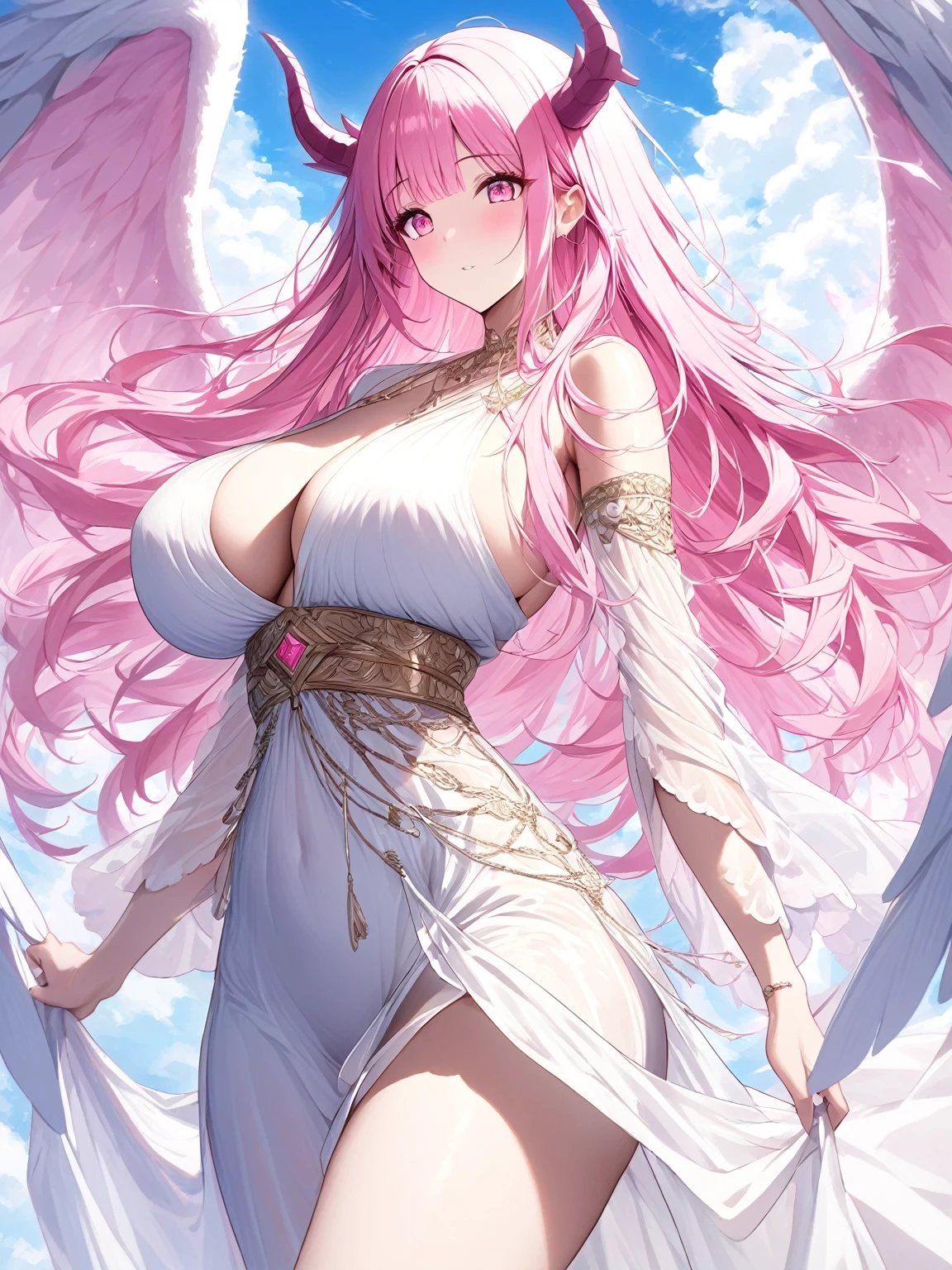 A masterpiece, very detailed, ultra-detailed, One, a female goddess, a beautiful woman, the most beautiful woman - pleasant skin, long hair, straight hair, bright pink hair and parting on the sides, bright pink eyes, thin pink dragon horns and white feathered wings with a hint of pink, and Greek women's clothing, with with huge breasts (big), a lush and soft body, bright bright hearts and an aura of love around her, She's walking in the cloud