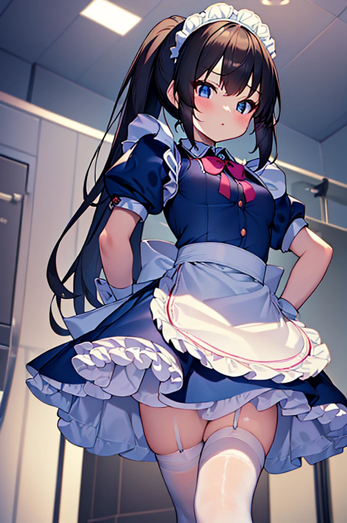 masterpiece, best quality, ultra detailed,super fine illustration, highly detailed beautiful face and eyes, 1girl, (cute), (kawaii), small breasts, (traditional maid collared shirt:1.3), mini skirt, (navy high socks), ponytail hair, standing, noshoes, (from below:1.3),
