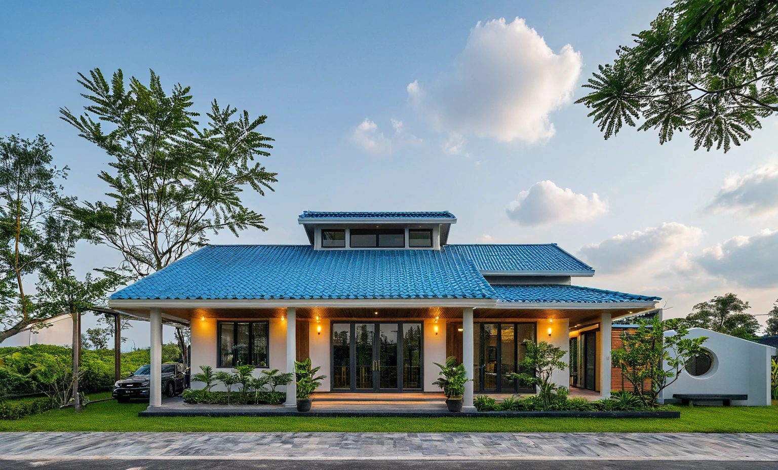 Raw photo, Masterpiece, high quality, best quality, authentic, super detail, outdoors, house style modern on the street , a traditional single-story Thai-style house, large glass window and at the first floor, blue tile roof, white wall, pavement, grass, trees, tropical plants, clear sky, cloud, (nature light), (daylight:1.2)