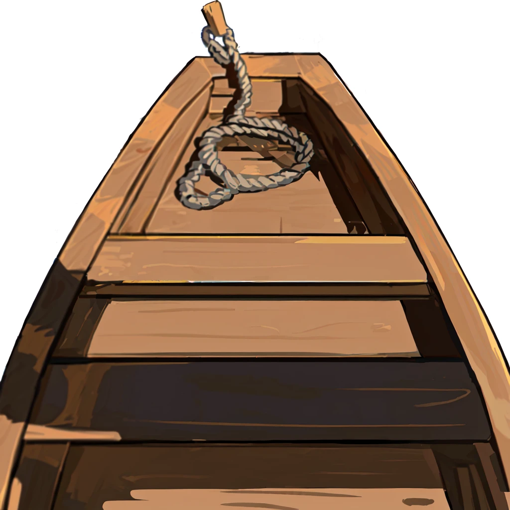 there is a Boat with a rope tied to the front of it, wooden Boat, Boat, Dark and dirty, small Boat, Random background scenes, Rendering art, Boat with lamp, Boat背景, 一幅number, number, skiff, rowing Boat, one small Boat, Boats, Rendering, Animation Static, rope, ropes, Rendering image