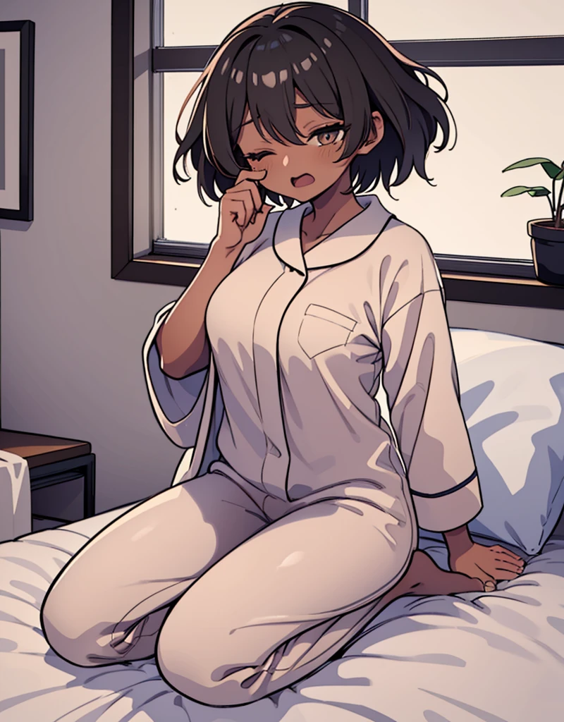 1girl, 独奏, medium breasts, dark skinned female:1.2, ,(dark skin:1.8), black hair, short hair, pixie cut, wavy hair, amber eyes, one eyes closed, wake up yawn, open mouth, covering mouth, pijamas, (white pajamas), window, morning, looking at viewer, sitting, seiza, waking up, on bed, full body,  ((ultra detailed, masterpiece, best quality, 8K)),Urine-stained futon,Pee-stained futon,Steam from crotch,Hospital room,Peeing,Urinary incontinence
