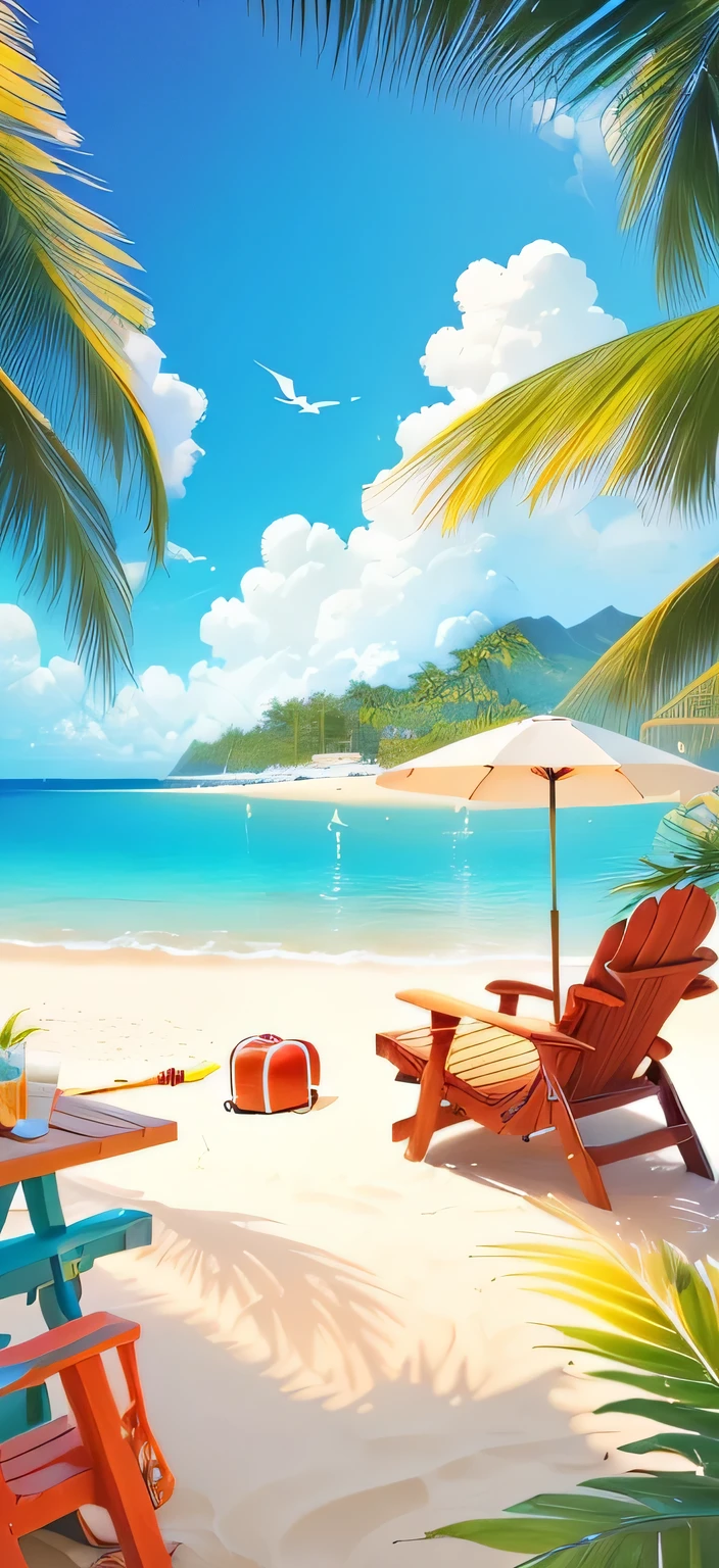 There is a beach scene，There is a chair and a life buoy, Relaxation concept art, background technology, Beach Background, Island Background, background technologywork, Mobile game background, Breeze Background, Seaside background, Tropical Beach paradise, Stylized digital illustration, Beach sunny day, Tropical Beach, Beach scenery, Realistic background, at a Tropical Beach, Amazing background, Amazing wallpapers，surfboard，jet ski