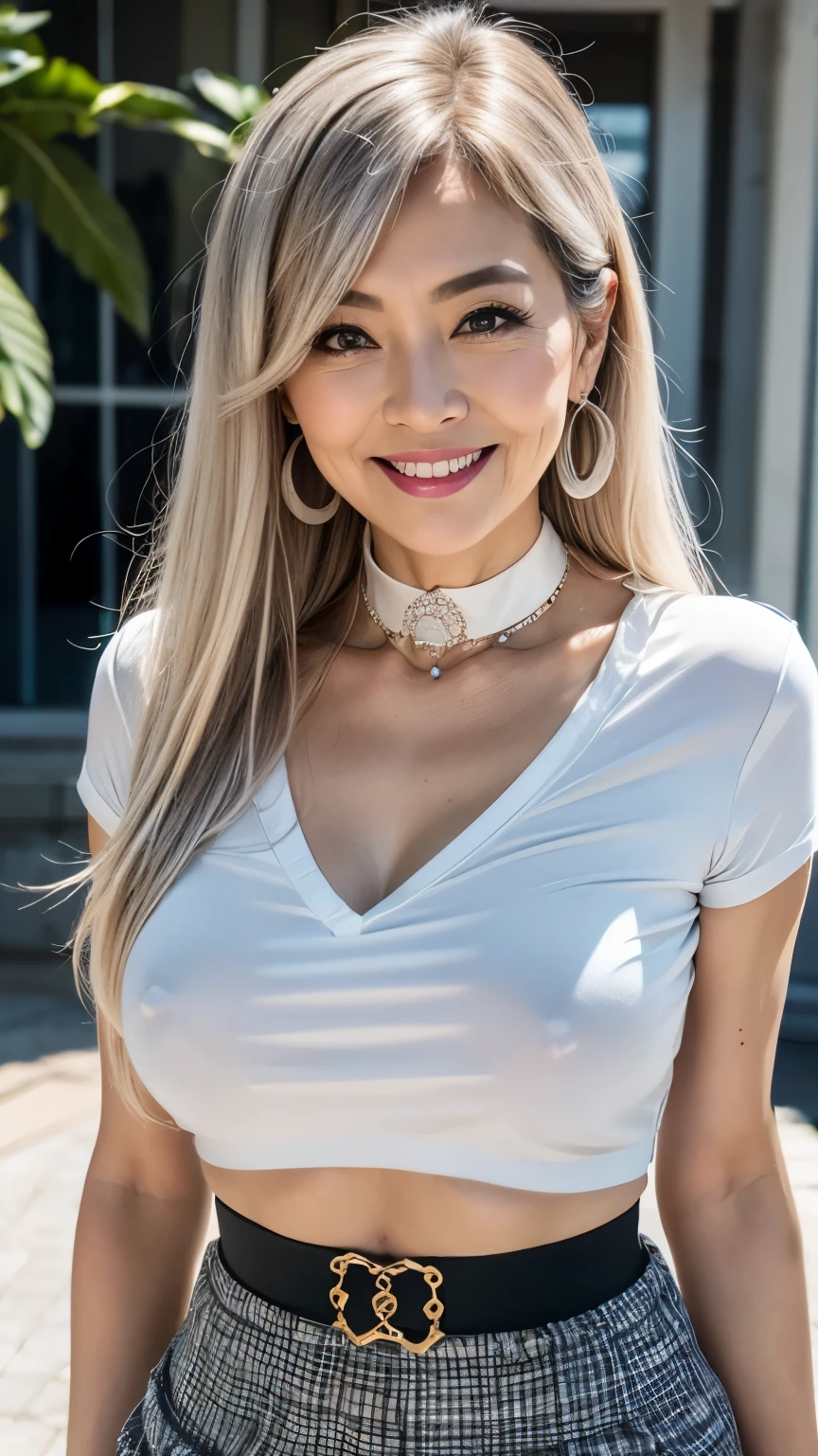 Checkered mini skirt　75 years old　mom　milf　Chinese Lady　large earring　Big choker　navel piercing decoration　A bracelet　Silver Hair　realisitic　Gorgeous Madame Beautiful Mature Woman　sexly　Smile　Gentle woman navel piercing　４K　High quality スーパーマーケット　Gorgeous Madame Beautiful Mature Woman