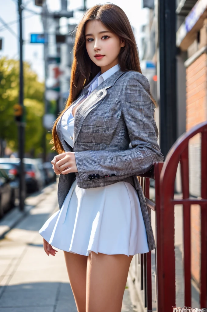 a 16 year old girl, she is the most beautiful actress in the world, the perfect body proportions of this girl with her large breasts, the formal shirt and the blazer are worn on her upper body, her crotch area of the panties between her bare legs are hardly hidden by the short skirt, only the front of her body is seen, she is standing straight at the street, nsfw, best quality, highly detailed, masterpiece, ultra high res, photo realistic, 8k, RAW photo