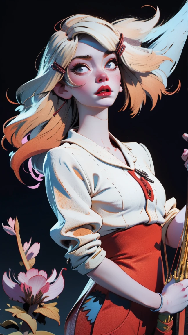 1 girl, Adult women,  Solitary, g0ld3mb, Air, (platinum blonde hair) hair, Ji Qie, (kawaii hair clips:1.2)    high quality, best quality, high resolution, High Detail, (Airen aura magic), hair uplifted, trumpet