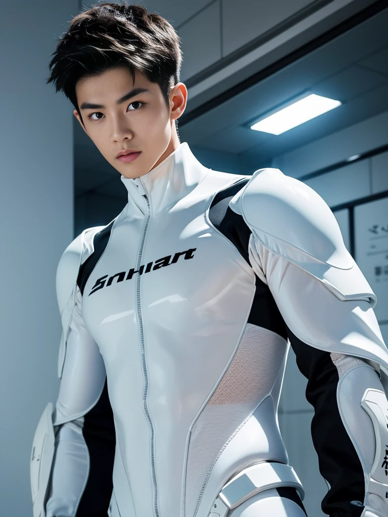Japanese Male Model Cool 20 year old Short black hair slim and muscular intense Bright screen Close-up image Very tight white rubber suit Hero whole body, showing his chest, sexy