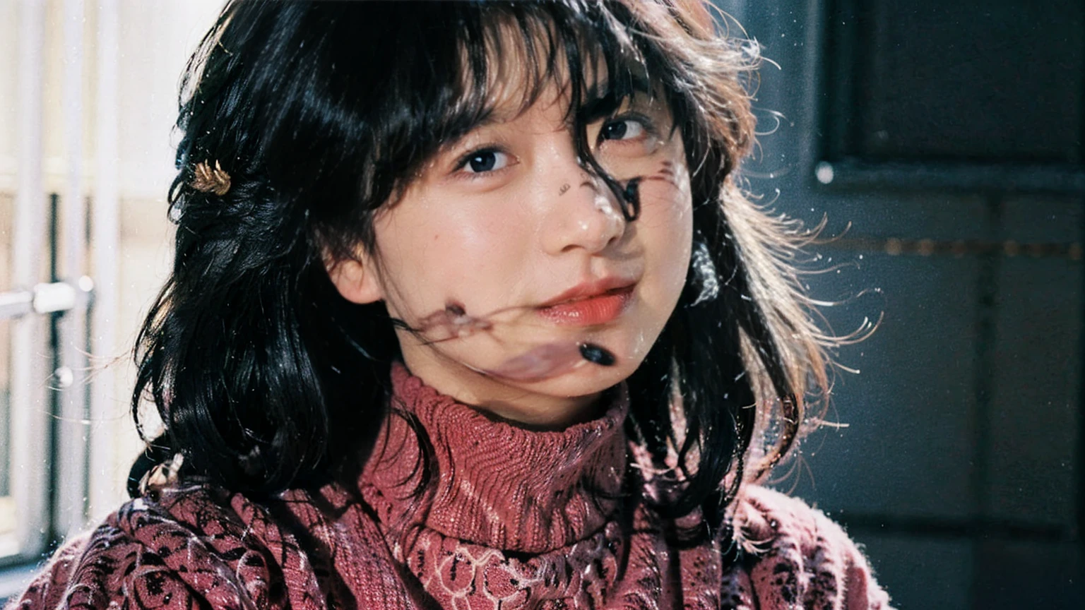 close-up portrait of akina nakamori at a music studio dramatic atmosphere light and shade , she is wearing a red turtleneck sweater she is smiling 