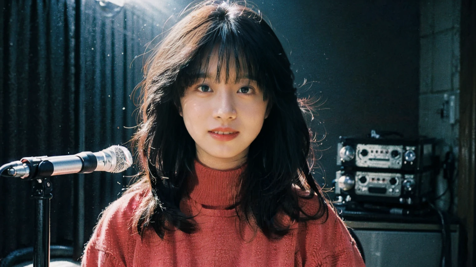 close-up portrait of akina nakamori at a music studio dramatic atmosphere light and shade , she is wearing a red turtleneck sweater she is smiling 