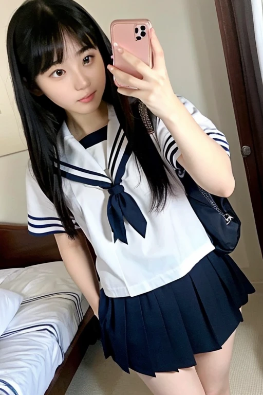 ((Highest quality)), ((masterpiece)), (detailed), Perfect Face、The best beautiful girl、Japanese、The かわいいst high school girl in Japan、Live Action、Genuine、Big eyes、double eyelid、Long eyelashes、Tear bags、Glowing black eyes、Small face、Fair skin、Slimming、narrow、Semi-long hair、Small Nose、Thin lips、Glossy Lips、smile、uniform、Short sleeve, sailor uniform、White Sailor Suit、Navy blue pleated skirt、White socks、black loafer shoes、Bedroom at night、Stylish choker、narrow腕、Beautiful legs、Small breasts、Small Bust、Pure、Transparency、Active Idol、Immature、Genuine、High resolution、32K.Exposed Skin、Soft Skin、A cup bust、Spotlight on face、 Small Bust、Cuteness like a small animal、Pink nipples、Underwear only、Change of clothes、Quality of the night、On the bed