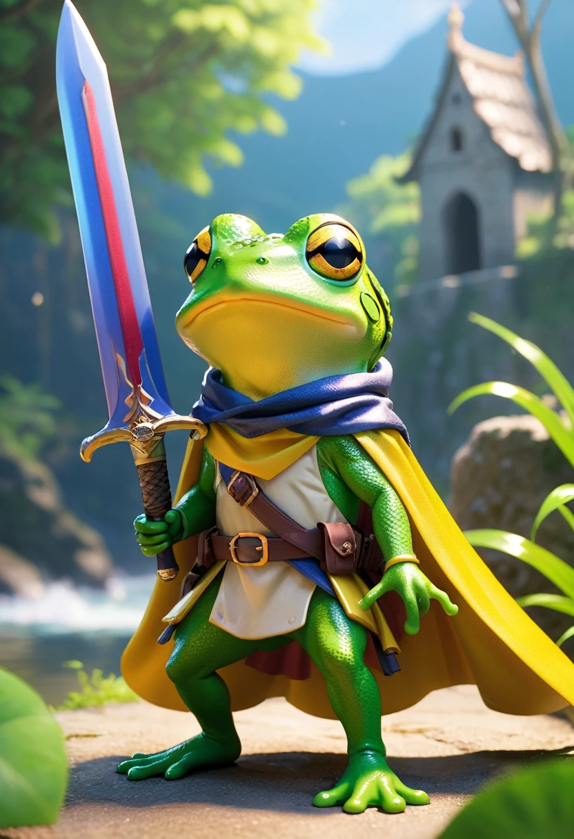 Esbian all over、Cool Frog、Pop Frog、Diorama、Simple Background、bandana、Holding a big sword in his hand、Brave、Cape、Best Quality, Capture the cutest moments, Depth of written boundary, Super detailed, Ultra-high resolution, Octadale, 8k, 16km race