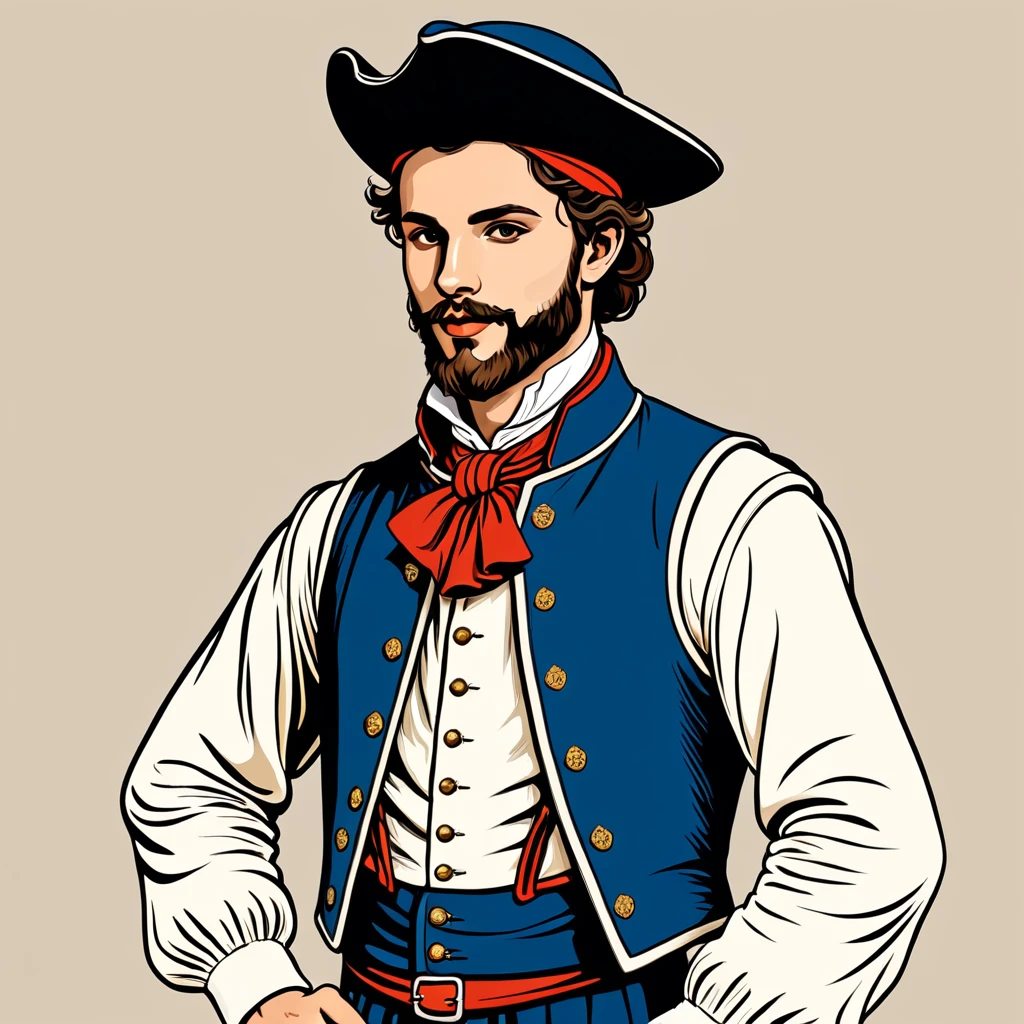 man in french folk outfit, vector graphics, strong contours