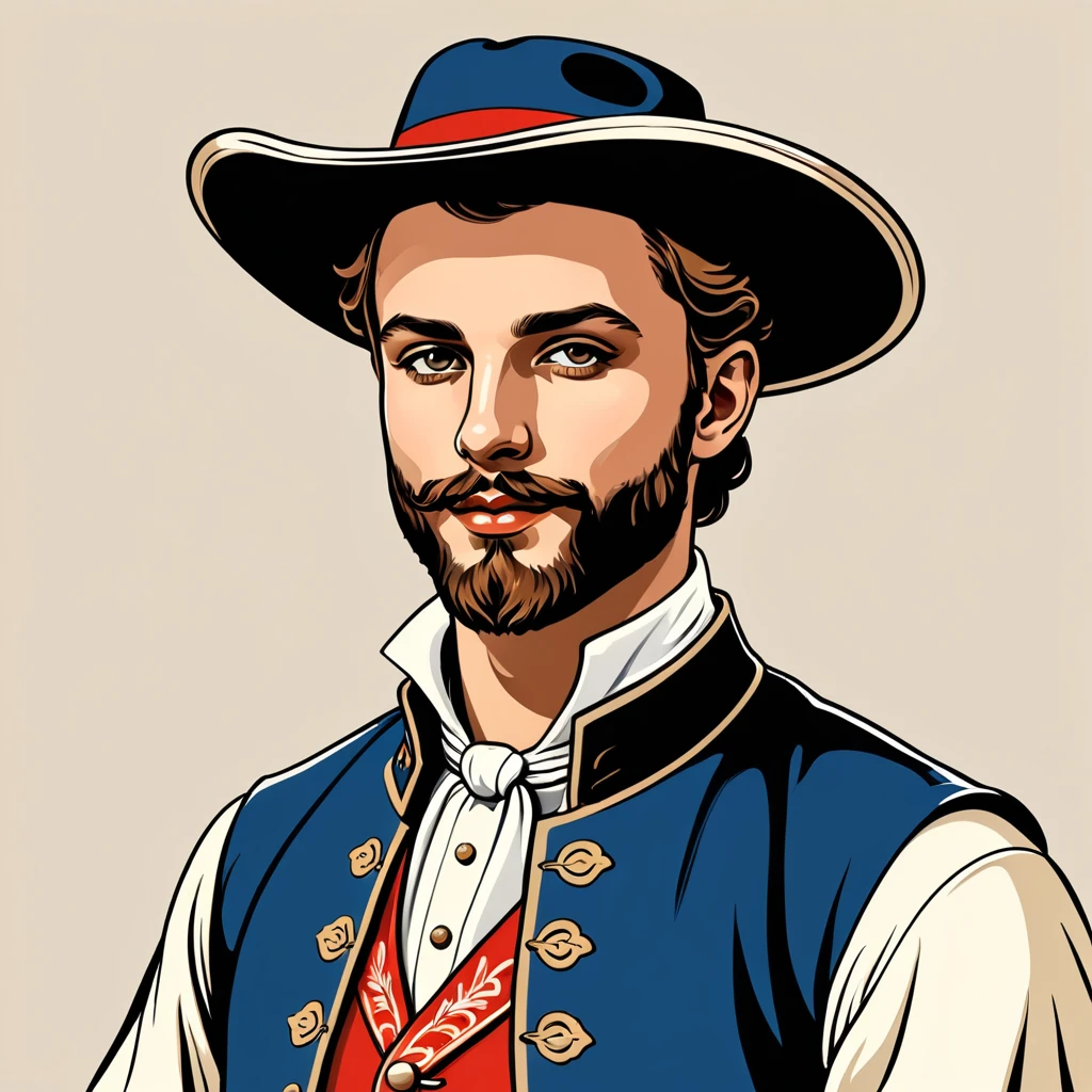 man in french folk outfit, vector graphics, strong contours
