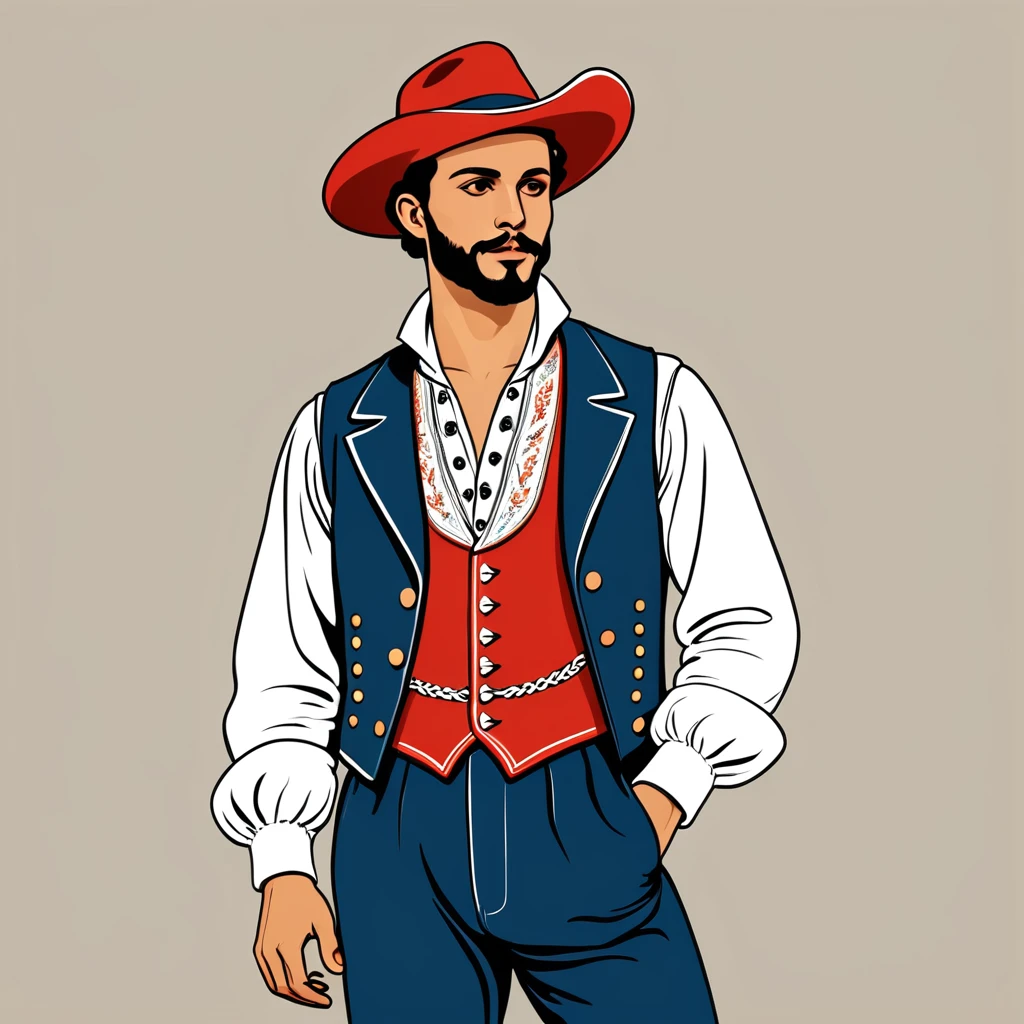 man in french folk outfit, vector graphics, strong contours
