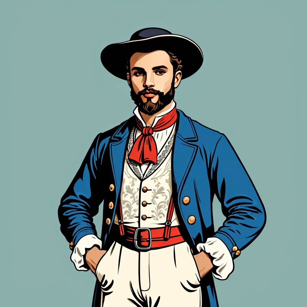 man in french folk outfit, vector graphics, strong contours