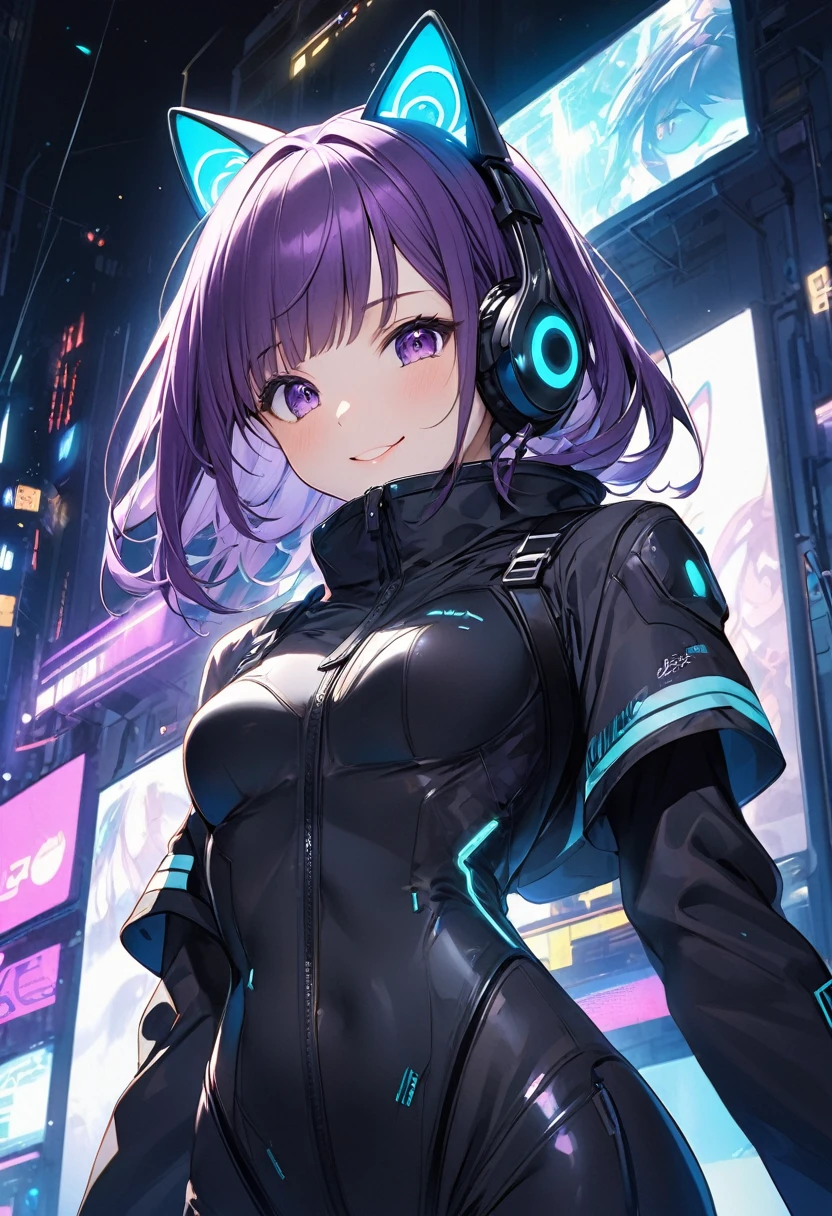 A cyberpunk-style girl of about  is standing in front of me.。Purple bob hair、Wearing cat ear headphones、Her black pilot suit-style outfit accentuates her figure.。With a proud smile、There is something cute about that expression, like a cat.。Her presence is overwhelming.、A background of the lights and shadows of a future city、She looks like the protagonist of a story.。The saturation is high、The screen is dark、Purple and blue are the main colors。