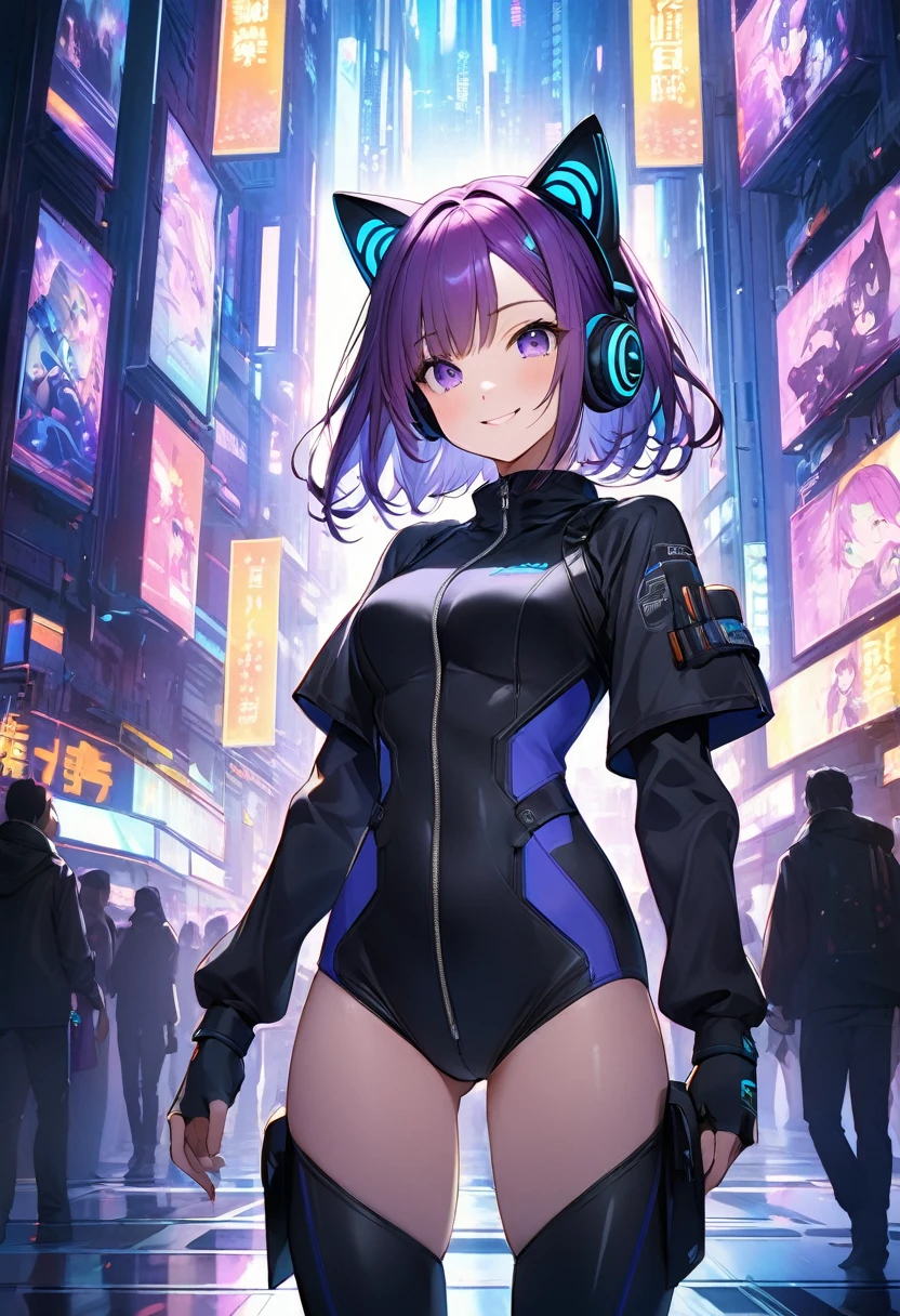 A cyberpunk-style girl of about is standing in front of me.。Purple bob hair、Wearing cat ear headphones、Her black pilot suit-style outfit accentuates her figure.。With a proud smile、There is something cute about that expression, like a cat.。Her presence is overwhelming.、A background of the lights and shadows of a future city、She looks like the protagonist of a story.。The saturation is high、The screen is dark、Purple and blue are the main colors。