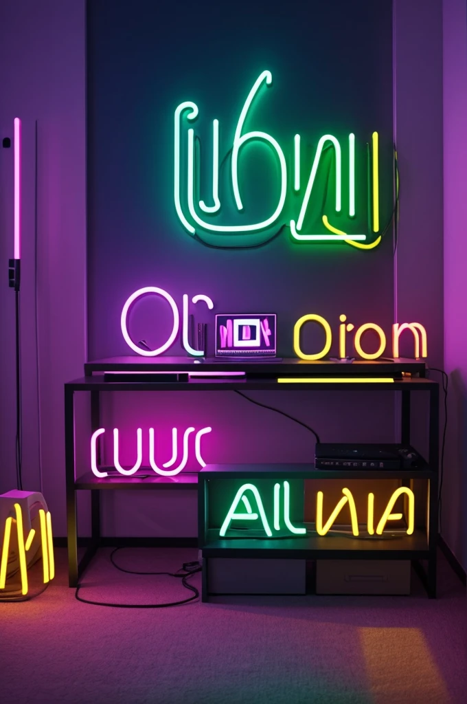 Generate a cool 3D bagkground of living room, and write 'Abdul Wahid' with neon lights. Make sure the spelling is not misspelled. The background should have a desk and computer and also add a plant in the background. make it realistice