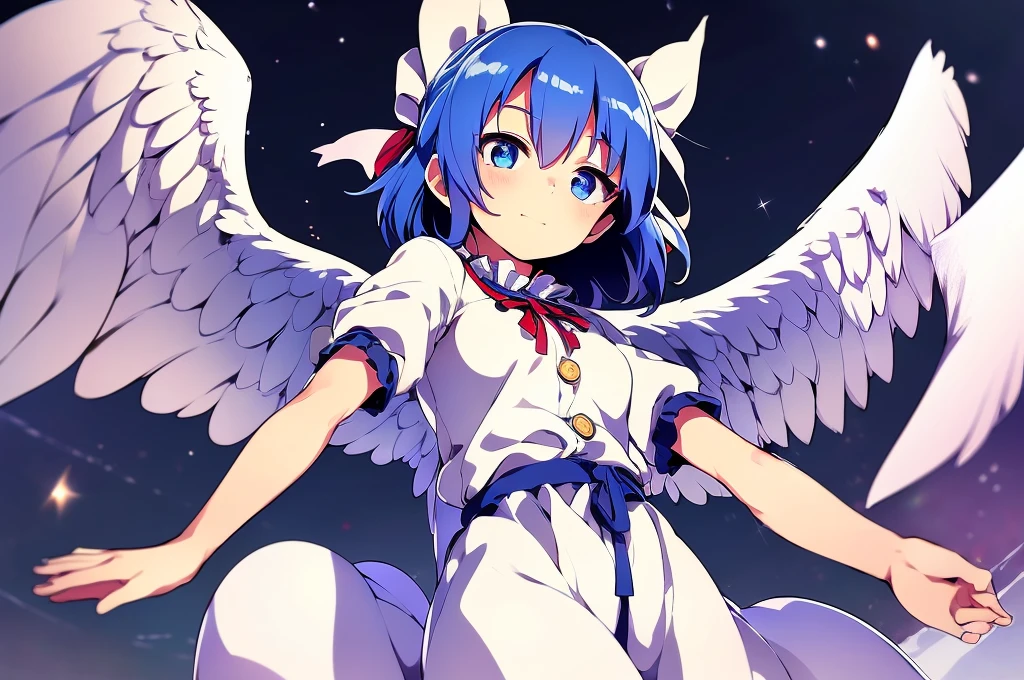 (best quality,4k,8k,highres,masterpiece:1.2), ultra-detailed, highly detailed texture, intricate details, A cute teenage angel with blue eyes, drawn in anime style, 1girl, , , 10 years old, medium blue hair, hair flaps, pink ribbon on head, well-formed face, blue eyes, angel girl, white blouse, puffy short sleeves, red ribbon, angel wings, long white skirt, red shoes, frills, ribbon head, A pair of angel wings on the back