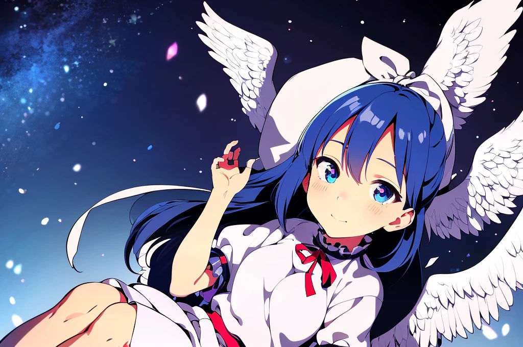 (best quality,4k,8k,highres,masterpiece:1.2), ultra-detailed, highly detailed texture, intricate details, A cute teenage angel with blue eyes, drawn in anime style, 1girl, , , 10 years old, medium blue hair, hair flaps, pink ribbon on head, well-formed face, blue eyes, angel girl, white blouse, puffy short sleeves, red ribbon, angel wings, long white skirt, red shoes, frills, ribbon head, A pair of angel wings on the back