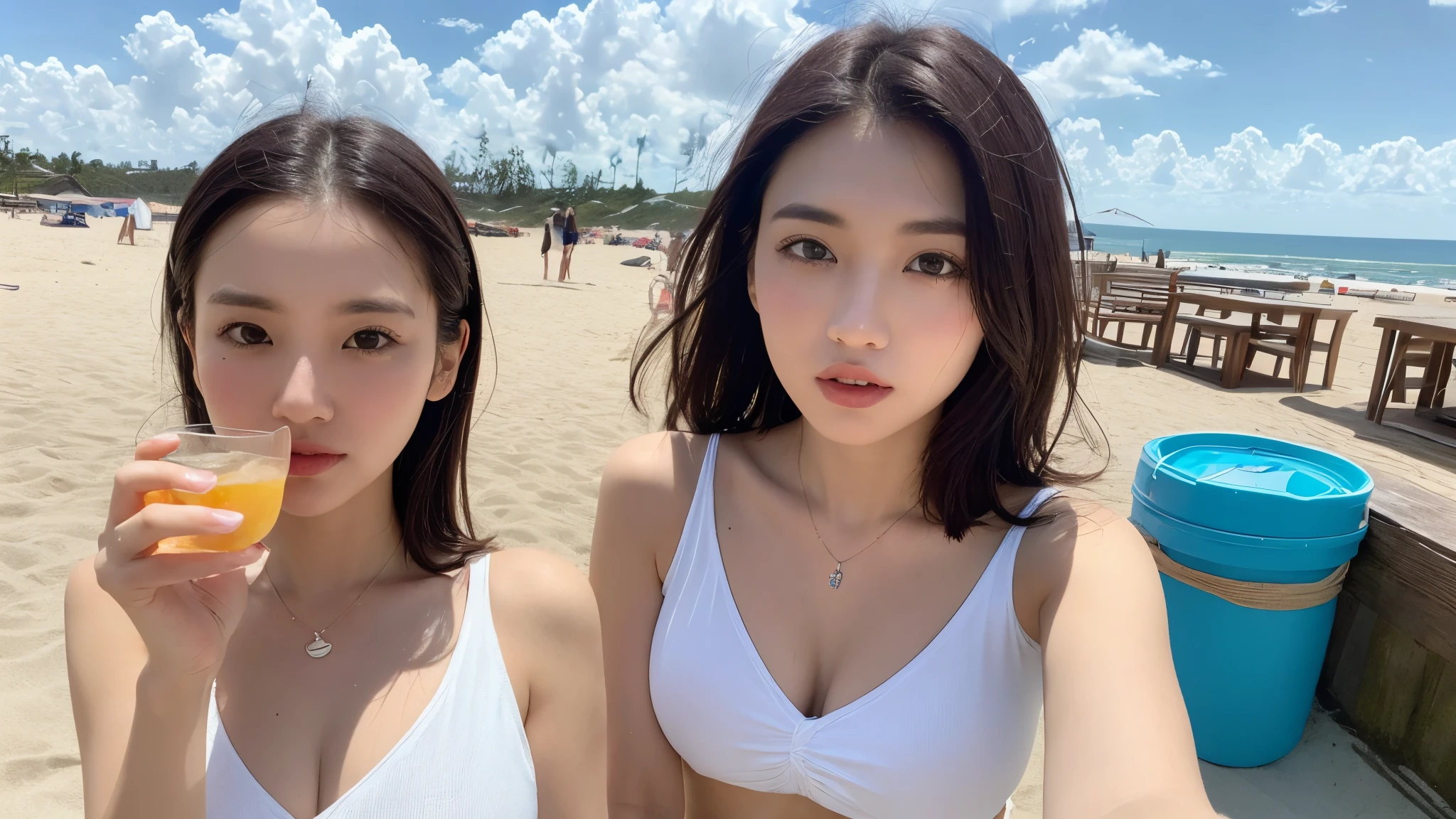 ((Photorealistic lighting, highest quality, 8k, masterpiece:1.3)), sharp focus:1.2, viewer discretion advised (New South Wales) (New South Wales) (New South Wales):1.2, ((realistic)), ((natural light, highest quality)), model-like figure:1.4, (dark brown hair, chest out:1.2), short hair, setting, backshot, (25 years old:1.3), highly detailed face, detailed eyes, double eyelids, necklace, wristband, eyeliner, colorful bikini, (large), (seaside, beach, sandy shore, drinking alcohol)