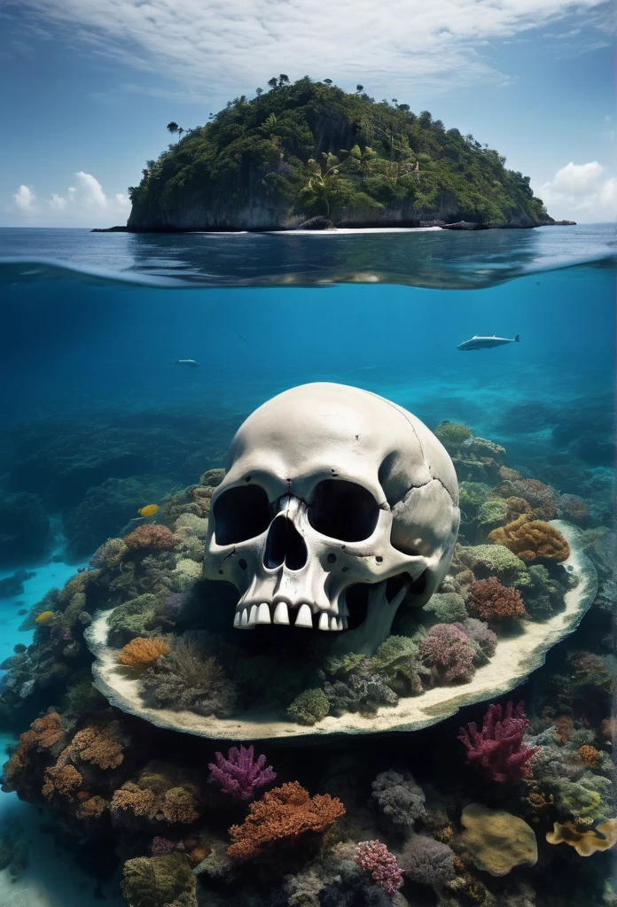 (((from below)))an island in the middle of the sea in the shape of a skull, some of which are under the sea