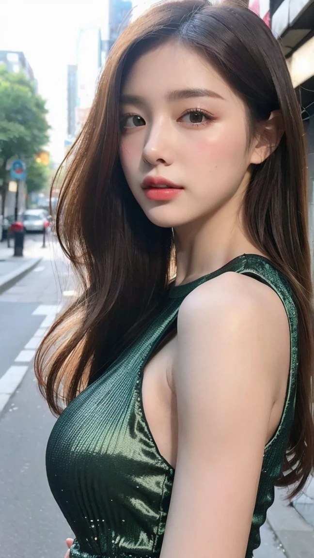 ((Highest quality, 8K, masterpiece:1.3))，One girl，18-year-old，Asian，Realistic texture:1.3，(Background Blur:1.3)，Gorgeous long dress，tall and slender figure:1.2，(Hot summer weather)，（street:1.3），Highly detailed face and skin texture，Beautiful Eyes，Long eyelashes，double eyelid，Skin whitening，Happy，Big Breasts