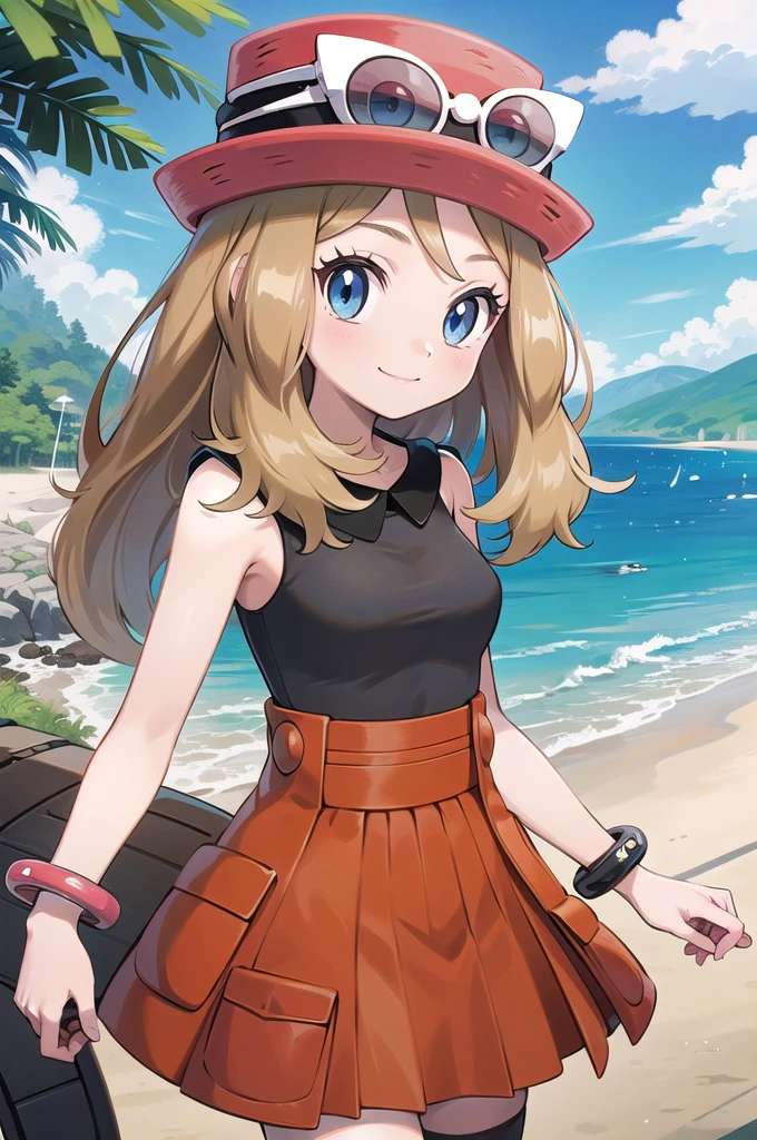 masterpiece,best quality,1girl, serena \(pokemon\),serena_pokemon,solo, long hair, eyewear on headwear, pink headwear, eyelashes, blue eyes, sleeveless shirt, black shirt, bracelet, high-waist skirt, red skirt, black thighhighs, standing, field,light smile,looking at viewer, beach, seaview