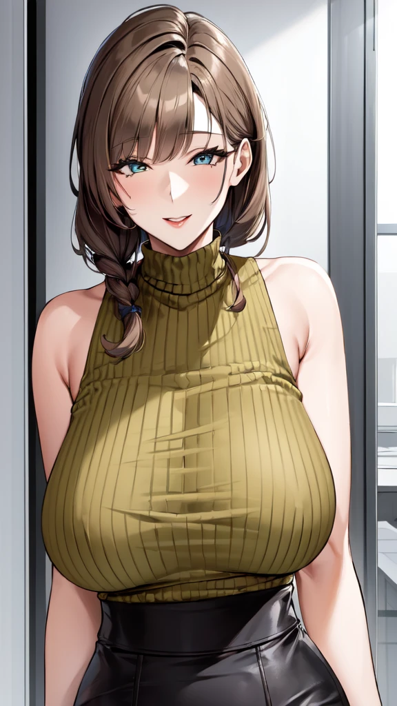 mature female,(large breasts:1.5),(shiny hair),((solo)),((masterpiece)),((best quality)),perfect anatomy,slim waist,perfect image,8k UHD,(beautiful detailed eyes:1.5),extremely detailed face,standing,(upper body:1.3),(look at the front:1.5),arms behindback,ultra-detailed,absurdres,highres,(light brown hair:1.5),((blunt bangs)),erotic lips,((sensitive smile)),sexy mature women,30 years-old,long hair,(black ribbed sweater),sleeveless,mini skirt,