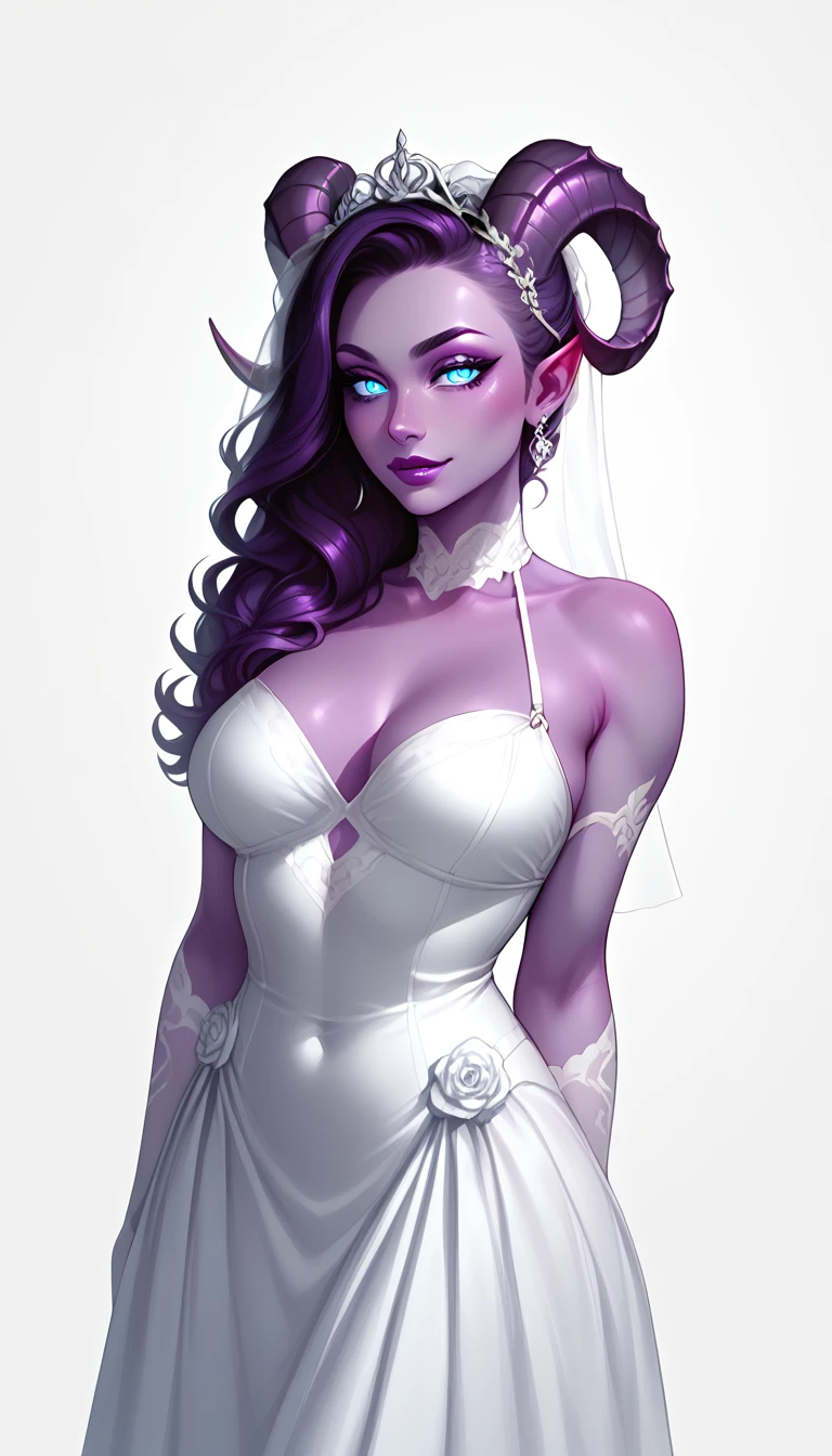 score_9, score_8_up, score_7_up, 1girl, solo, flowing hair, glowing blue eyes, curved ram horns, sharp ears, purple skin, demoness, stark white background, limited red palette, monochromatic, eerie atmosphere, light wedding dress, seductive,