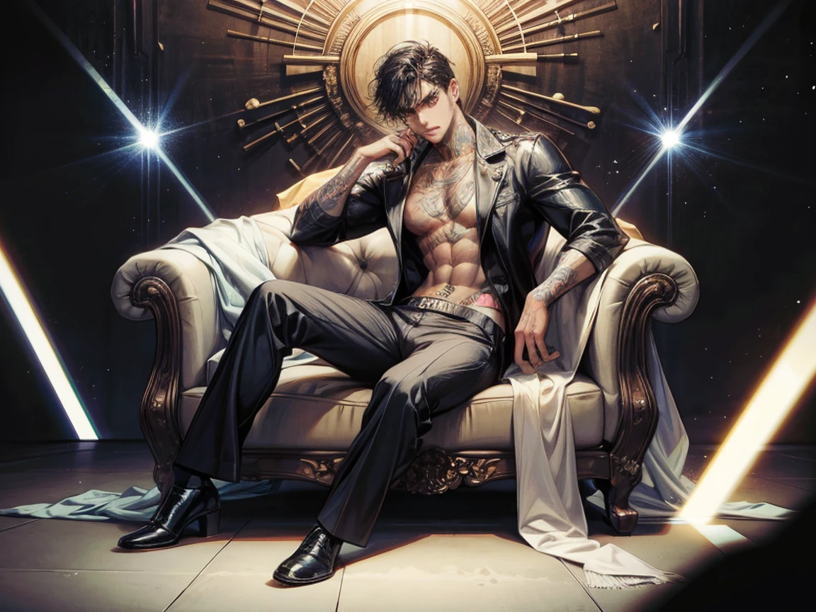 a young man, handsome, Good looking, Dark skin, have muscles,Big shape,Screenhead hair, Full body tattoo, Sit on a black sofa.