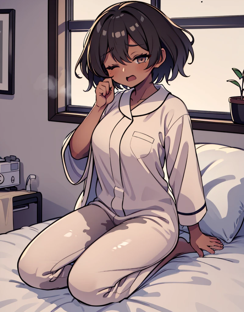 1girl, 独奏, medium breasts, dark skinned girl:1.2, ,(dark skin:1.8), black hair, short hair, pixie cut, wavy hair, (((open eyes))),  wake up yawn, open mouth, covering mouth, pijamas, (white pajamas), window, morning, looking at viewer, sitting, seiza, waking up, on bed, full body,  ((ultra detailed, masterpiece, best quality, 8K)),(Urine-stained futon,Pee-stained futon,Steam from crotch,Hospital room,Urine vapor),((Open your eyes)),((huge breasts)),(片Open your eyes,Open only one eye,Surprised face),cheek,(***),NSFW,(((littlegirl))),puffy nipples,((((Open pajamas))))