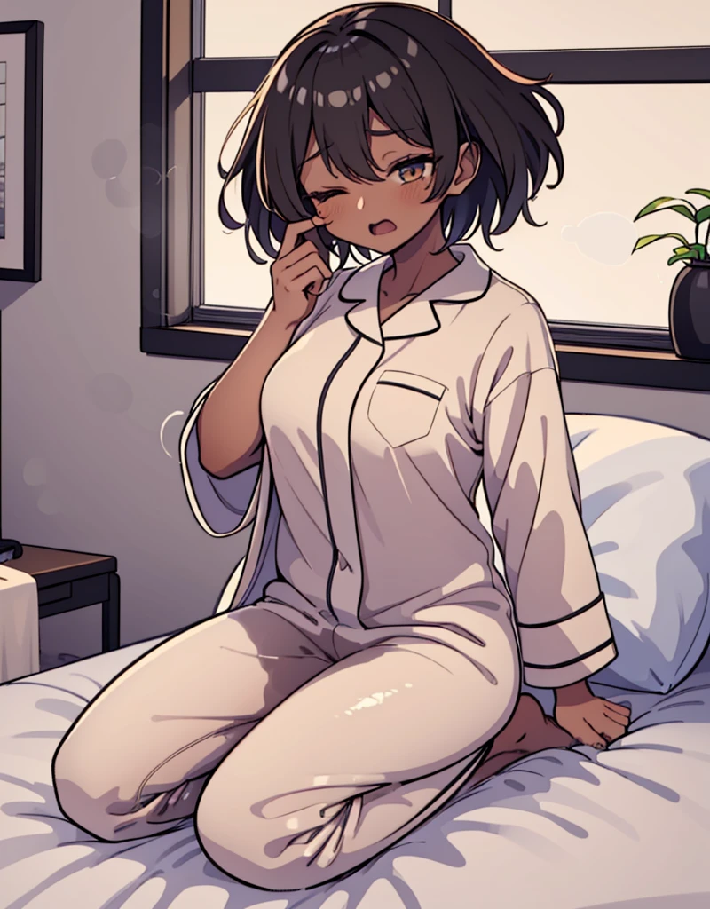 1girl, 独奏, medium breasts, dark skinned girl:1.2, ,(dark skin:1.8), black hair, short hair, pixie cut, wavy hair, (((open eyes))),  wake up yawn, open mouth, covering mouth, pijamas, (white pajamas), window, morning, looking at viewer, sitting, seiza, waking up, on bed, full body,  ((ultra detailed, masterpiece, best quality, 8K)),(Urine-stained futon,Pee-stained futon,Steam from crotch,Hospital room,Urine vapor),((huge breasts)),(Open one eye,Open only one eye,Surprised face),cheek,(6yo),((((NSFW,littlegirl,Open pajamas)))),puffy nipples