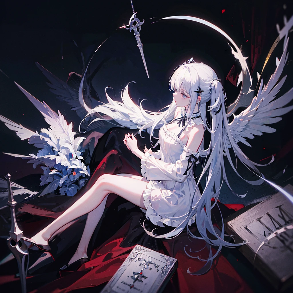 1 dark angel is praying, knee down, wings, simple plain background, flowers and sword, view from her right side, diamond, smoke, ta white long dress, rage, bloody, 8k, hd, unreal engine, dreamy, romantic