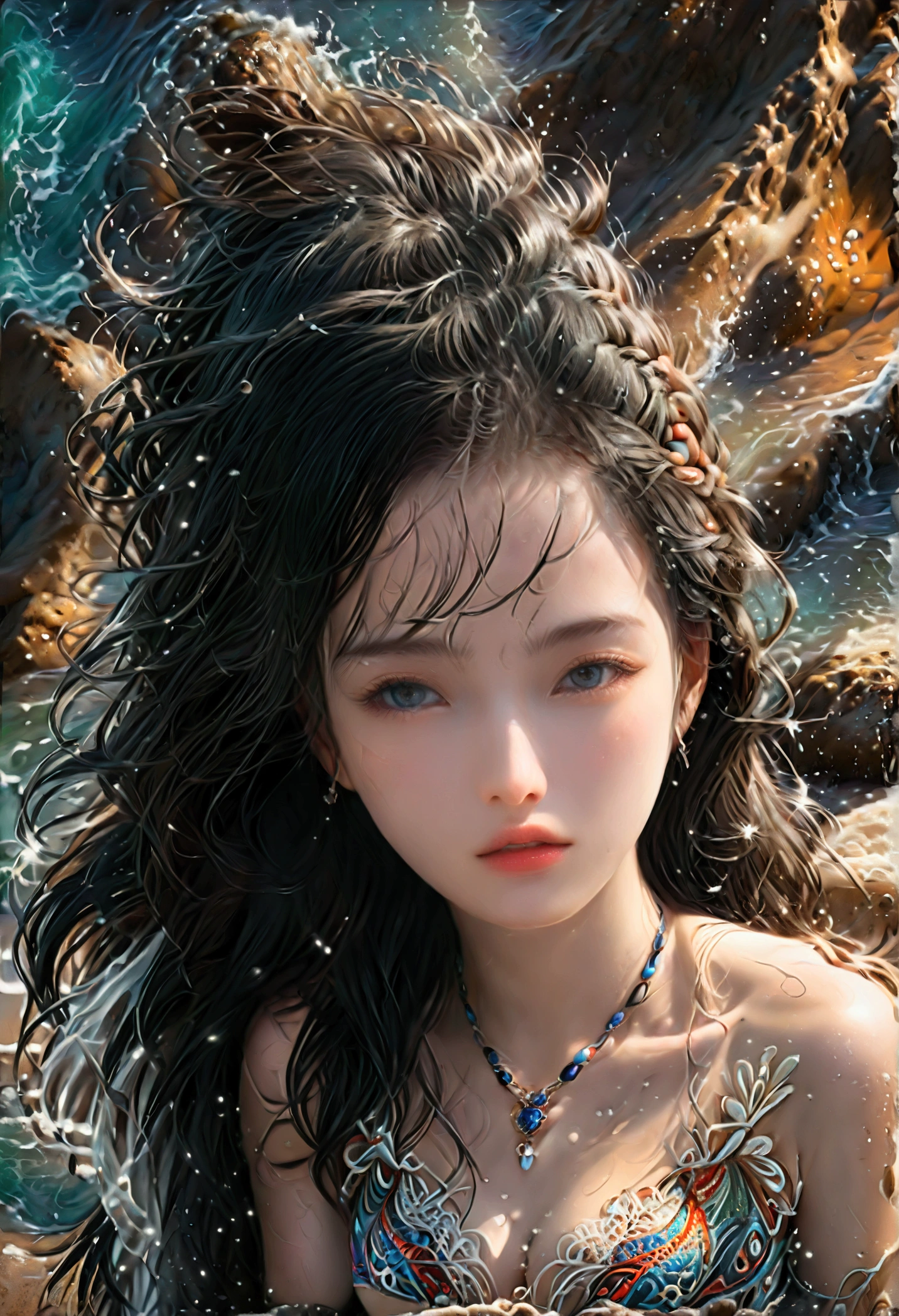 ((Masterpieces with up to 16K resolution:1.6)),Highest quality,it is really amazing,Very detailed,Ultra-high resolution,(Real:1.5),(Realistic:1.5),Increased depth of field,Cinematic Light,
Elegant mature woman,
Long black hair,(Exquisitely detailed face:1.5),Face with a gentle expression,Translucent white skin,Very sensitive skin,Great proportions,Anatomically correct body,
Elegant bikini swimwear,Artistic design,Beautiful and detailed pattern,Detailed fabric texture,Gorgeous necklace,
Coastal landscape at dusk,Dark clouds and dark sky,delay々Continuing sandy beach, Deserted Beach,Dark sea surface,
(Dramatic Angle:1.6),