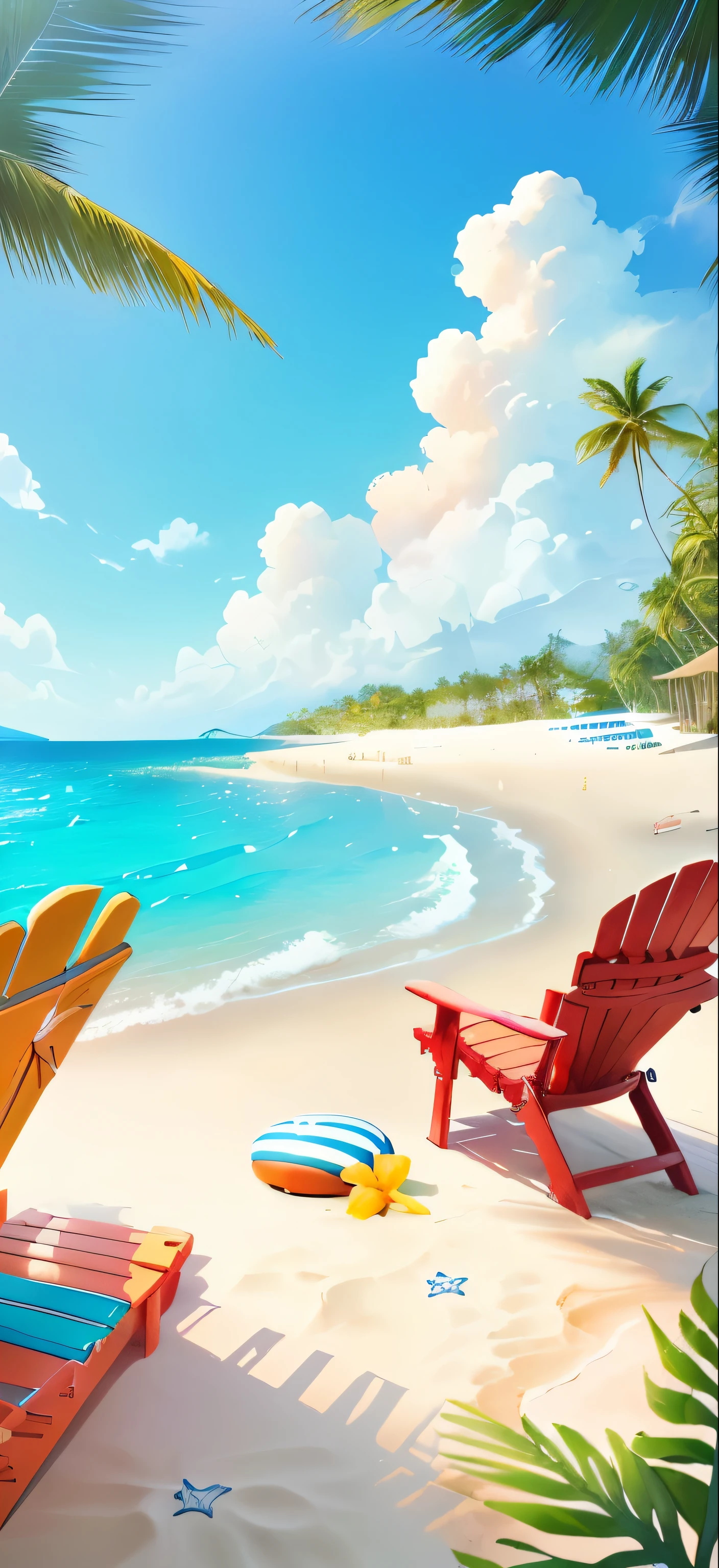 There is a beach scene,There is a chair and a life buoy, Relaxation concept art, background technology, Beach Background, Island Background, background technologywork, Mobile game background, Breeze Background, Seaside background, Tropical Beach paradise, Stylized digital illustration, Beach sunny day, Tropical Beach, Beach scenery, Realistic background, at a Tropical Beach, Amazing background, Amazing wallpapers