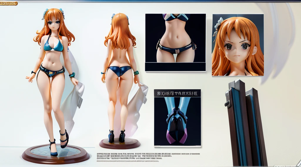 ((Best Quality)), ((Masterpiece)), (((detailed character sheet, frontal view, side view, three quarter view))) white background、one piece、whole body、whole bodyイラスト、whole bodyアニメーション、whole bodyリファレンスシート、denim、Tank top、High heels、Swimwear、bikini、original、New World、Long Hair、Orange Hair、Tattoo on left arm、Ring belt、Heighten your head、smile、Cute face、Narrow waist、Long legs、Beautiful feet、9 heads body、beautiful lady、small head、3D