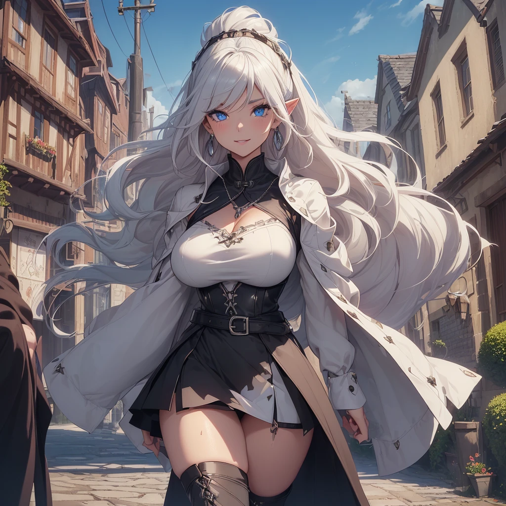 Create a beautiful girl,(Realistic 3D anime style) ,brown skin , tall statue,(He wears a long beige cloak with a hood over his clothes.) ,((He wears a cape tied with two silver chain brooches. , wavy white hair,(rostro redondo ultra detailed, cymetric face),(Perfect beauty), pointy ears,(well detailed blue eyes), (sharp eyes with long eyelashes), (splattered nose ),(full lips), (perfect smile),(body with beautiful curves), ((very big breasts)), (narrow waist),(( Wide hips)),(((thick thighs))),She is wearing a low-cut white dress with long sleeves.,high collar qipao, (iridescent metal earrings and necklace),gloves with dark blue leather cuffs, wide leather belt with silver metal buckle,short black skirt, black low-heeled ankle boots with laces and flap ,high to mid-thigh,dynamic pose,walking down a street of a beautiful fantasy medieval city with tall houses, half-timbered houses with plaster walls ,with brick-colored gable roofs,(house walls painted with different colors),decorated with hanging gardens with flowers of many colors, city located on the banks of a river, on a sunny day with clouds, Masterpiece,high quality ,ultra detailed,vivid colors, ((Girl's clothing decorated with fine intricate details)),girl looking at the camera, the scene captured from a low camera angle at a medium distance.