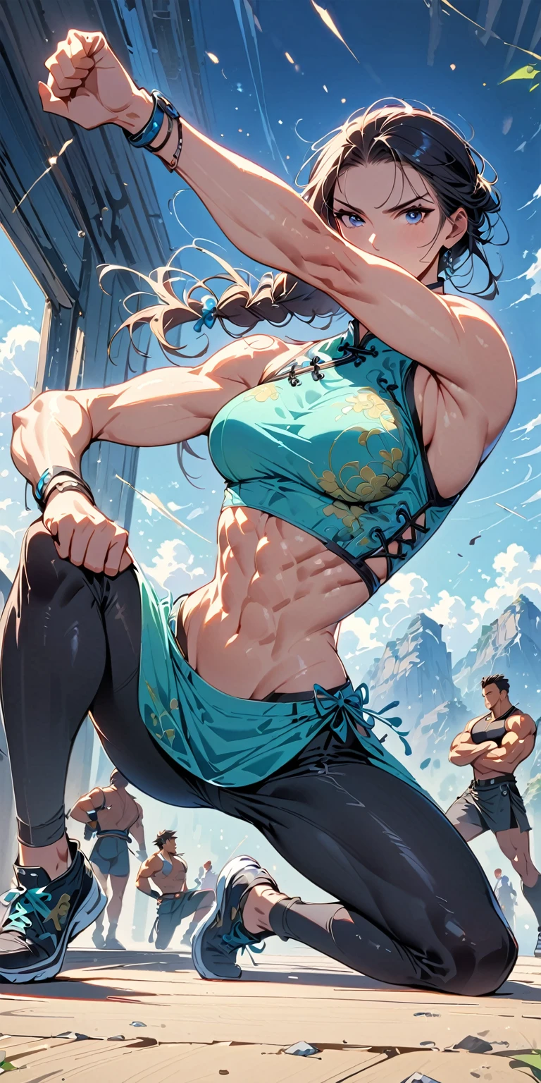 Boxing Match between muscular woman and doing a  very high kick, six pack, no men in background , Chinese dress crop top,  and leggings ,portrait, empty dojo background 